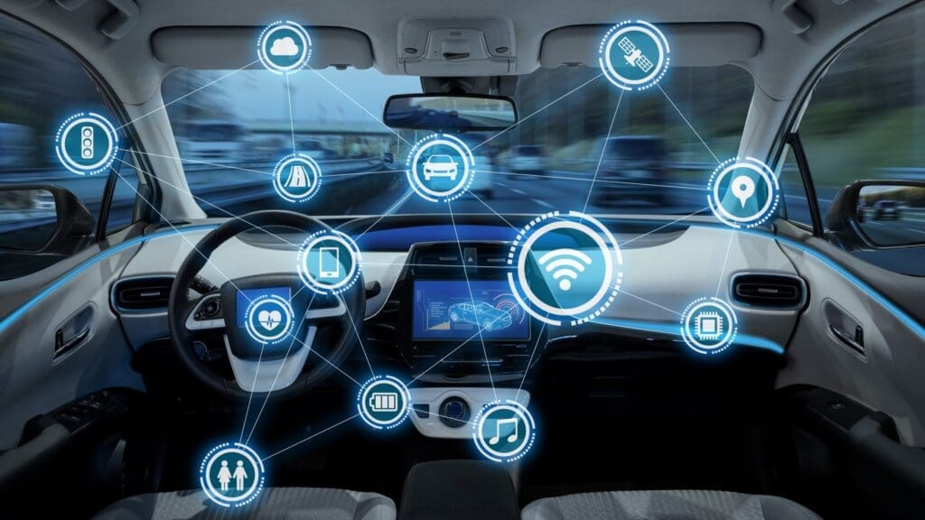 inside view of car with icon images for new technology
