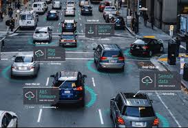 vehciles on road with text blurbs of various technology used