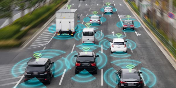 image of crowded highway with each vehicle's front and side sensors illuminated